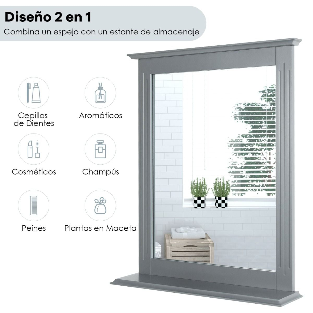 Espejo De Baño Con Estante Adicional Espejo De Pared Para Baño Lavabo Dormitorio 57 X 12 X 68,5 Cm