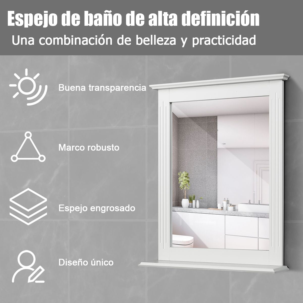 Espejo De Baño Con Estante Adicional Espejo De Pared Para Baño Lavabo Dormitorio 57 X 12 X 68,5 Cm