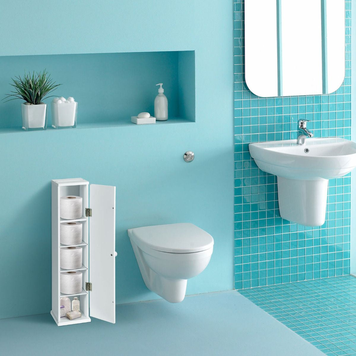 Armario Vertical De Almacenaje Porta Papel Higiénico Y Pañuelos 4 Niveles Repisas Para Dormitorio Salón Baño Blanco 17 X 16 X 69 Cm